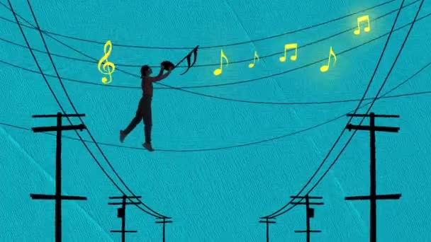 Contemporary Art Young Girl Hanging Drawn Music Notes Wires Isolated — Stock Video