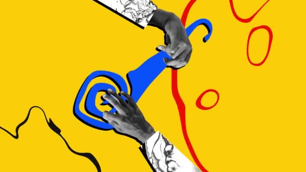 Zatrzymaj Ruch Animacja Kreatywny Retro Design Ludzkie Ręce Jasnoniebieskim Żółtym — Wideo stockowe