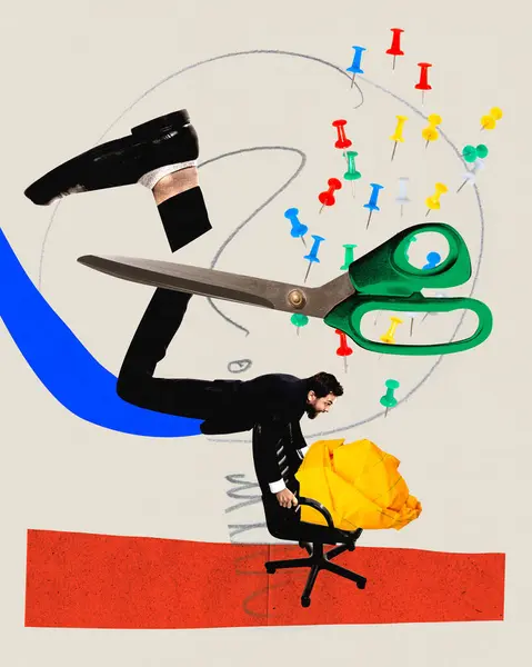 Emotional young man rising on working chair, creating content for social media. Brainstorming. Contemporary art collage. Concept of business, office, surrealism, marketing, creative, inspiration