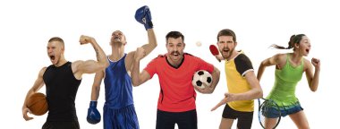 Kolaj. Duygusal insanlar, farklı duygular gösteren sporcular, başarıya ulaşmak, kazanmak. Beyaz arka plandaki insanlar. Profesyonel spor anlayışı, başarı, başarı, rekabet