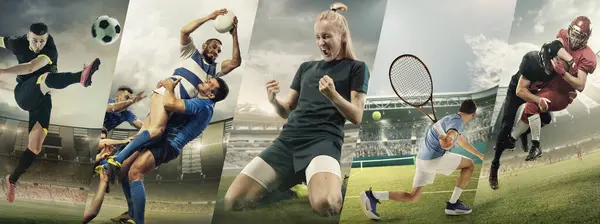 Collage Competitive Young People Men Women Game Sport Stadium Sowing — Stock Photo, Image