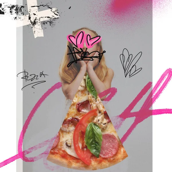 Pieni Tunteellinen Tyttö Pizzan Siivu Harmaalla Abstraktilla Taustalla Lempiruokaa Nykytaiteen — kuvapankkivalokuva