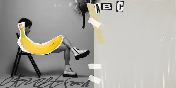 Young guy sitting on chair with banana element on body. Healthy way of life. Detox. Contemporary art collage. Concept of food, creativity, surrealism, imagination, healthy lifestyle