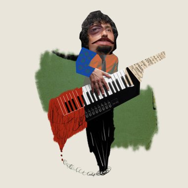 Sahnede sahne alan, arka planda piyano çalan bir adam. Şaşkın surat. Çağdaş sanat kolajı. Müzik festivali kavramı, gösteri, yetenekler, sürrealizm, yaratıcılık ve ilham
