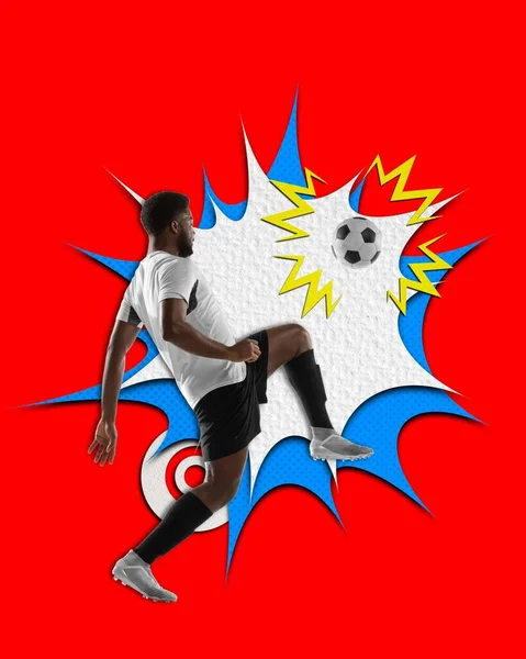 サッカー選手のトレーニング カラフルな背景の上に膝でボールを打つ ポップアート 現代アートコラージュ プロスポーツ ゲーム チャンピオンシップのコンセプト クリエイティブポスター — ストック写真