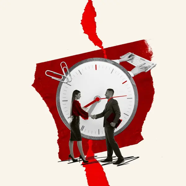 Businesspeople, managers shaking hands near big clock. Making deal for time period. Deadlines and partnership. Contemporary art collage. Concept of corporate culture, business, teamwork, innovations
