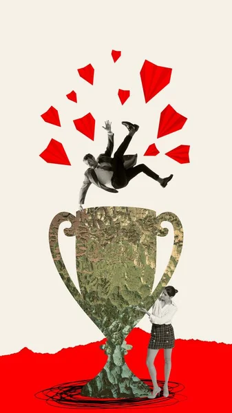 Man, employee falling down on trophy that woman holding. Professional promotion and success. Contemporary art collage. Concept of corporate culture, business ethics, teamwork, innovations