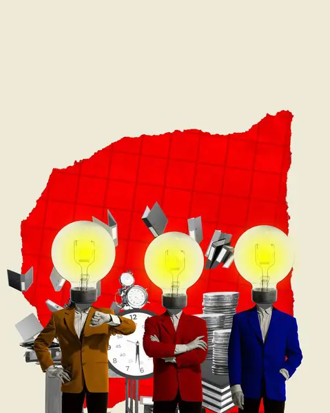 Stages of project development. Businessman with light bulbs on head. Deadlines, ideas, startup. Contemporary art collage. Concept of corporate culture, business ethics, ambitions, innovations