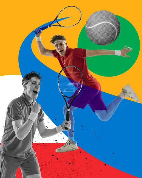 Young man, tennis player with racket in motion over colorful background. Champion, winner. Contemporary art collage. Concept of professional sport, competition, achievement, action. Poster