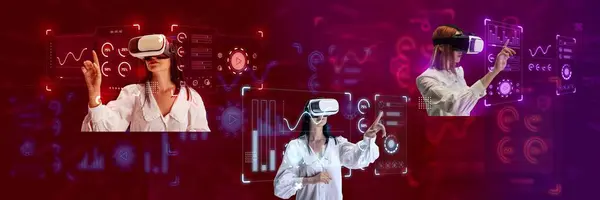 Young women, employees wearing VR glasses, working with virtual screen. Analytics. Contemporary art collage. Concept of business, virtual reality simulator, modern technologies, innovations