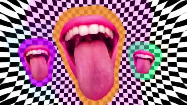 Otwarte Kobiece Usta Językiem Wystającym Śmiechu Nad Abstrakcyjnym Tłem Impreza — Wideo stockowe