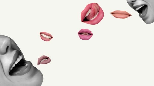 女性の唇 肯定的な感情を表現する口 光の背景にニュースを広める モダンなカラフルなデザイン アニメーションを停止する 創造性 インスピレーション シュレアリズムの概念 — ストック動画
