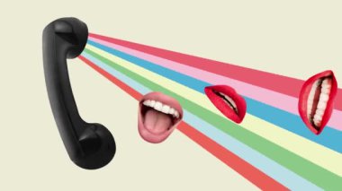 Dişi dudaklar arka planda retro telefondan konuşuyor. Bilgi, haber. Modern renkli tasarım. Hareket etmeyi, animasyonu durdurun. Yaratıcılık kavramı, ilham, sürrealizm, iletişim