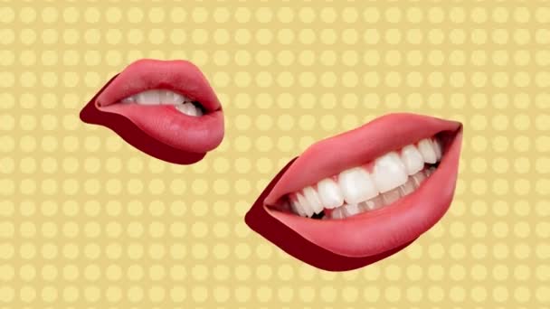 Weibliche Lippen Über Gelb Kariertem Hintergrund Emotionen Gespräche Klatsch Modernes — Stockvideo