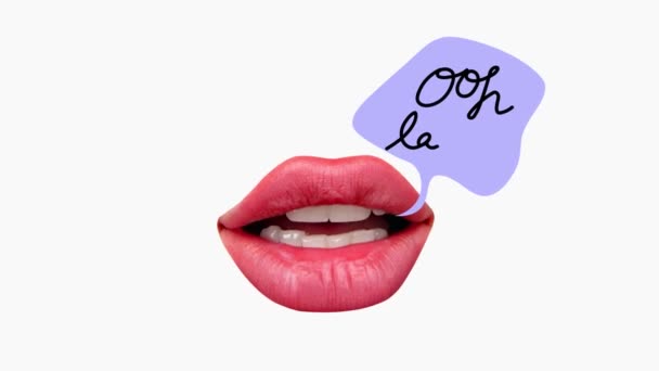 Bibir Perempuan Dengan Bicara Gelembung Atas Latar Belakang Cahaya Komunikasi — Stok Video