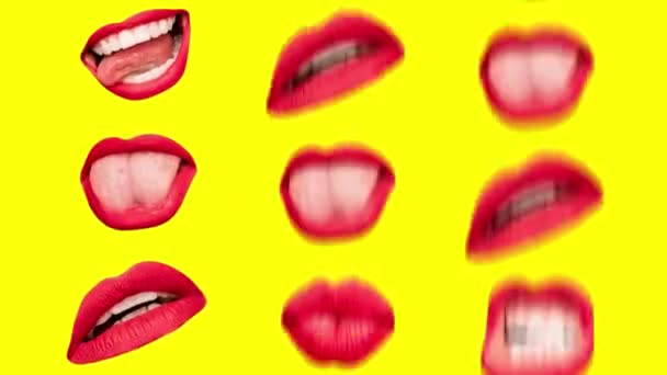 Labios Femeninos Con Lápiz Labial Rojo Expresando Diversidad Emociones Sobre — Vídeos de Stock