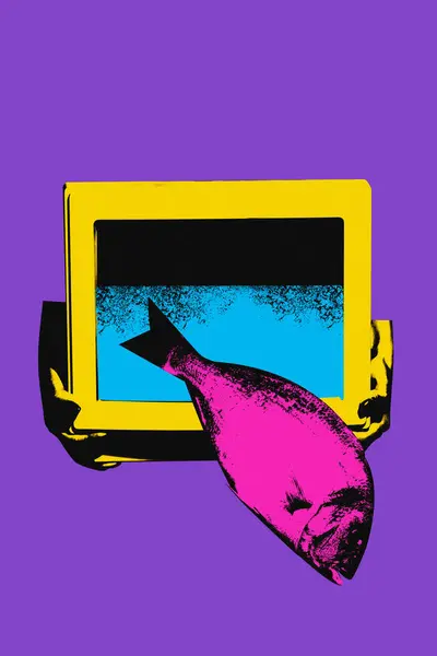 Fish and retro computer monitor over purple background. Creating news and propaganda. Contemporary art collage. Concept of surrealism, y2k, creativity, imagination, etro style. Colorful design