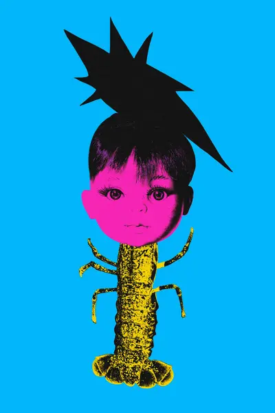 Crab body headed with female doll head against blue background. Queer. Contemporary art collage. Concept of surrealism, y2k, creativity, imagination, inspiration, retro style. Colorful design