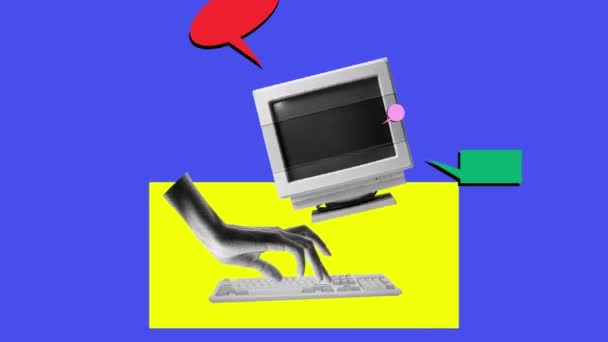 Eマーケティング コンピュータのキーボード スクリーン上の多くのメール ビジネスコミュニケーションで入力する人間の手 アニメーションを停止する Y2Kスタイル レトロなアイテム ヴィンテージ 創造性 想像力 — ストック動画