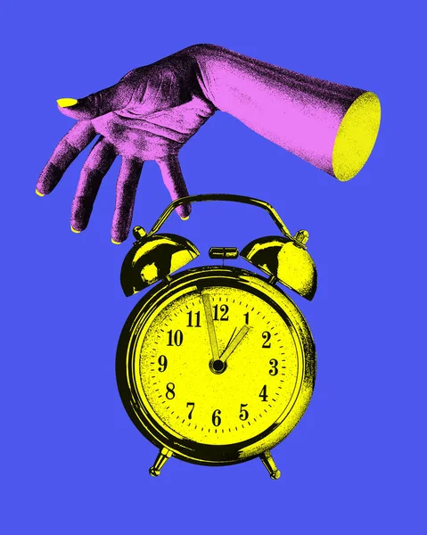 Mão Feminina Despertador Sobre Fundo Azul Gestão Tempo Colagem Arte — Fotografia de Stock