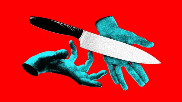Mae hands and big knife against red background. Danger, warning. Contemporary art collage. Concept of y2k style, creativity, surrealism, abstract art, imagination. Colorful design