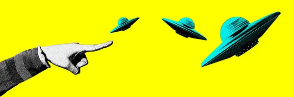 Mannelijke Hand Wijst Naar Ufo Tegen Gele Achtergrond Wetenschap Van — Stockfoto