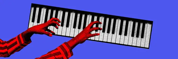 Female hands playing piano over blue background. Classical sounds, music, hobby. Contemporary art collage. Concept of y2k style, creativity, surrealism, abstract art, imagination. Colorful design