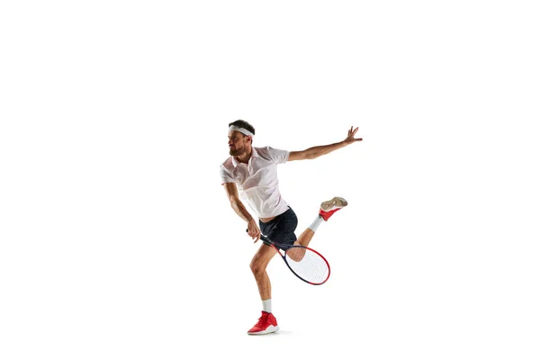 Joven Concentrado Pagador Tenis Movimiento Durante Juego Entrenamiento Golpear Pelota — Foto de Stock