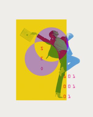 Organizasyonun iki yönlü optimizasyonu üzerinde çalışan genç bir kadın. Çağdaş sanat kolajı. Arama Motoru Optimizasyonu, Pazarlama, Trafik, İnternet İş Teknolojisi