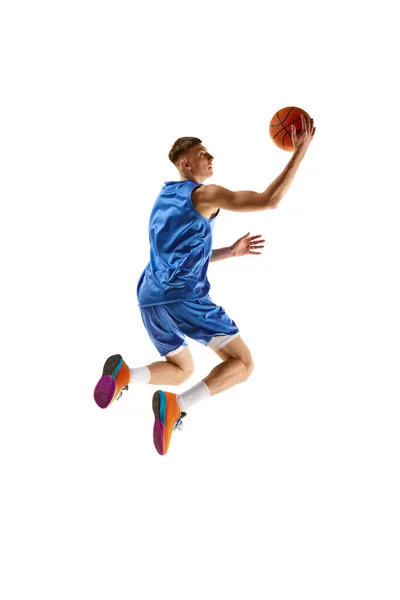 Slum Dunk Full Length Image Young Guy Basketball Player Motion — Stock Photo, Image