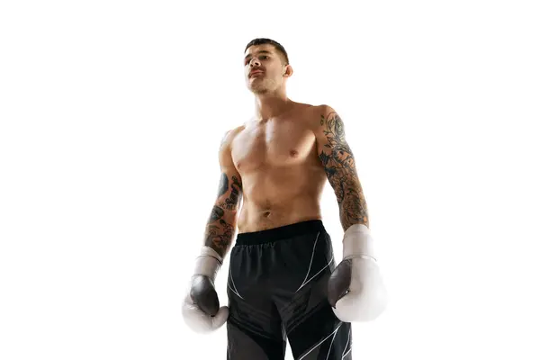 Young Man Muscular Strong Shirtless Body Boxing Athlete Standing Isolated — Stock Photo, Image