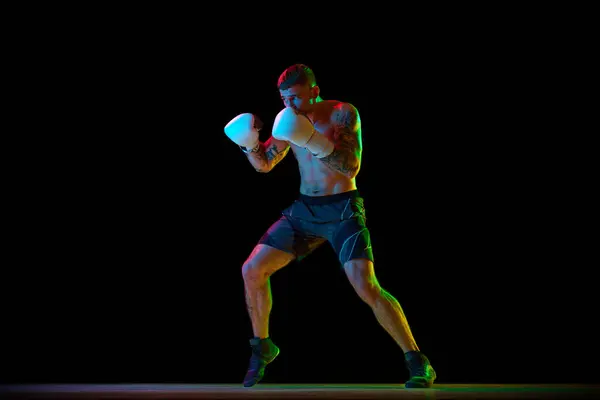 Full-length of shirtless young man with muscular strong body, boxer in motion, training isolated on black background in neon light. Concept of professional sport, combat sport, martial arts, strength