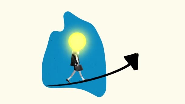停止运动 创意设计 商人拿着箭头上的灯泡作为事业的象征 商业的概念 有好主意或计划的人 — 图库视频影像