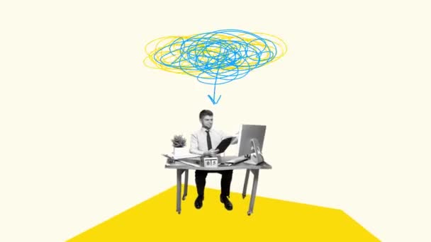 スマート思考 オフィスに座ってコンピューターで働く若者 アニメーションを停止する ビジネス 遠隔職場の概念 ビジネスマンは良いアイデアを持っています — ストック動画