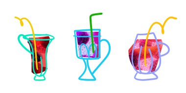 Beyaz arka planda taze böğürtlenlerle dolu çizilmiş bardaklar. Organik çay, limonata. Karalamalı yaratıcı tasarım. Doğal içecek kavramı, organik limonata, içecek, sağlık, çizgi sanatı.