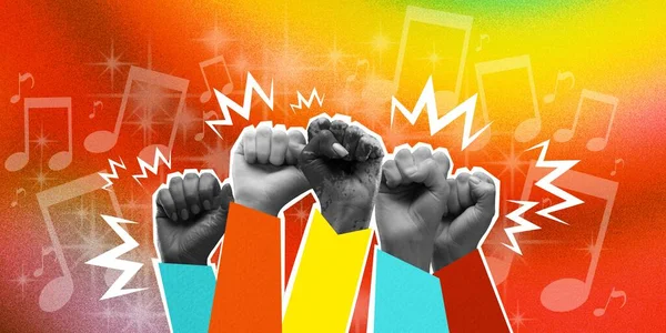 Human Hands Fists Raising Upwards Gradient Colorful Background Concert Favorite — Stock Photo, Image