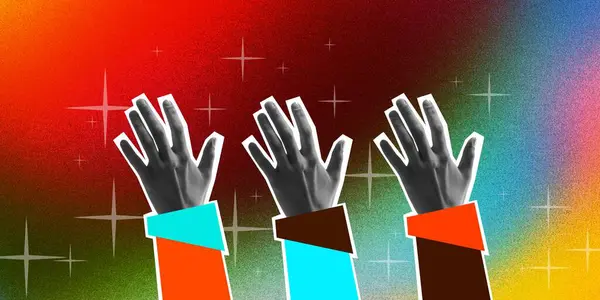 Raised human hands over gradient colorful background. People attending concert, dancing, singing. Contemporary art collage. Concept of holidays, celebration, party, fun and joy, meeting. Poster