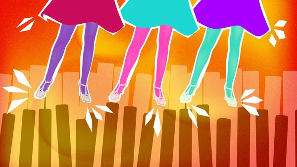 Women in dresses and hills dancing on silhouette of piano keys over gradient background. Festival. Contemporary art collage. Concept of holidays, celebration, party, fun, joy. Colorful design. Poster