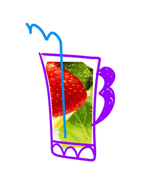Drawn cup with fresh berry, strawberries inside over white background. Tea lemonade, smoothie. Creative design with doodles. Concept of natural drink, organic lemonade, refreshment, healthcare