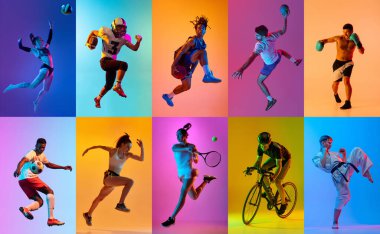 Farklı genç insanlarla kolaj, erkek ve kadınlar, farklı sporlardan sporcular neon ışıkta çok renkli arka plan üzerinde hareket halindeler. Profesyonel spor kavramı, rekabet, şampiyonluk, aksiyon