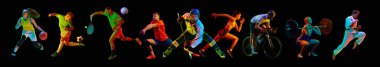 Kolaj. Motive olmuş gençler, hareket halindeki farklı sporların sporcuları, neon ışıklı arka planda pratik yapıyorlar profesyonel spor, rekabet, şampiyonluk, aksiyon kavramı