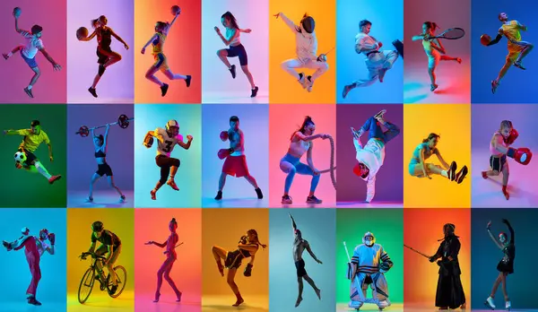 Collage Different Young Athletic People Training Doing Diversity Kind Sports — Stock Photo, Image
