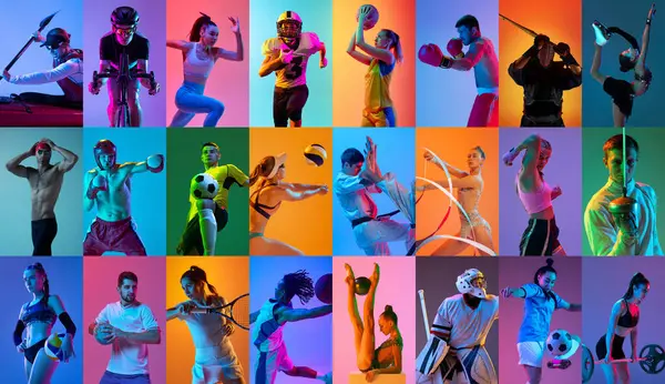 Collage Athletic Young People Training Practicing Different Kind Sports Multicolored — Stock Photo, Image