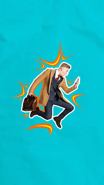Businessman jumping in excitement and looking on mobile phone with shocked expression over blue background. Promotion. Concept of business, professional occupation, achievement, success