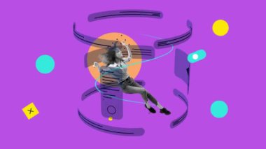 Genç bir kadın, iş süreçlerinin akışı içinde çalışan. Profesyonel meslekte yenilikçi bir yaklaşım. Kavramsal tasarım. Hareket etmeyi, animasyonu durdurun. İş kavramı, modern teknolojiler, başarı