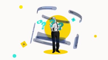 Usta ve işadamı sanal dijital ekranda proje analizlerini kontrol ediyor. Modern ofis. Kavramsal tasarım. Hareket etmeyi, animasyonu durdurun. İş kavramı, modern teknolojiler, yenilikçi yaklaşım