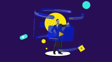 İş adamı dijital ekranda çalışıyor, bilgileri ve planları kontrol ediyor. Yenilikler. Kavramsal tasarım. Hareket etmeyi, animasyonu durdurun. İş kavramı, modern teknolojiler, kariyer gelişimi