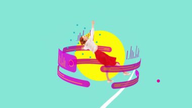 Genç kadın, motive olmuş kadın çalışan kişisel ve profesyonel başarıya ulaşıyor. Serbest bir iş. Kavramsal tasarım. Hareket etmeyi, animasyonu durdurun. İş kavramı, modern teknolojiler, yenilikler