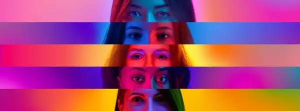 Collage, Female eyes placed on narrow stripes. Different young women over multicolored background in neon light. Concept of human emotions, diversity, lifestyle, facial expression