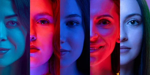 Collage. Half-faced portrait of young beautiful women of different age looking at camera over multicolored background in neon light. Concept of human emotions, diversity, lifestyle, facial expression